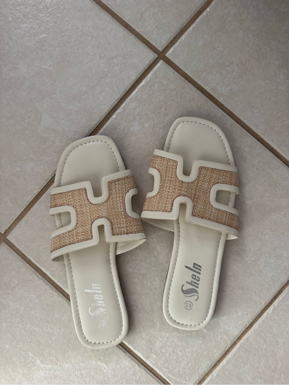 Cream and Natural Woven Slide Sandal